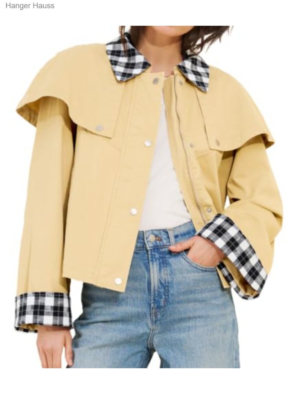 Womens Cropped Trench Coat Lightweight Gingham Cape Jacket